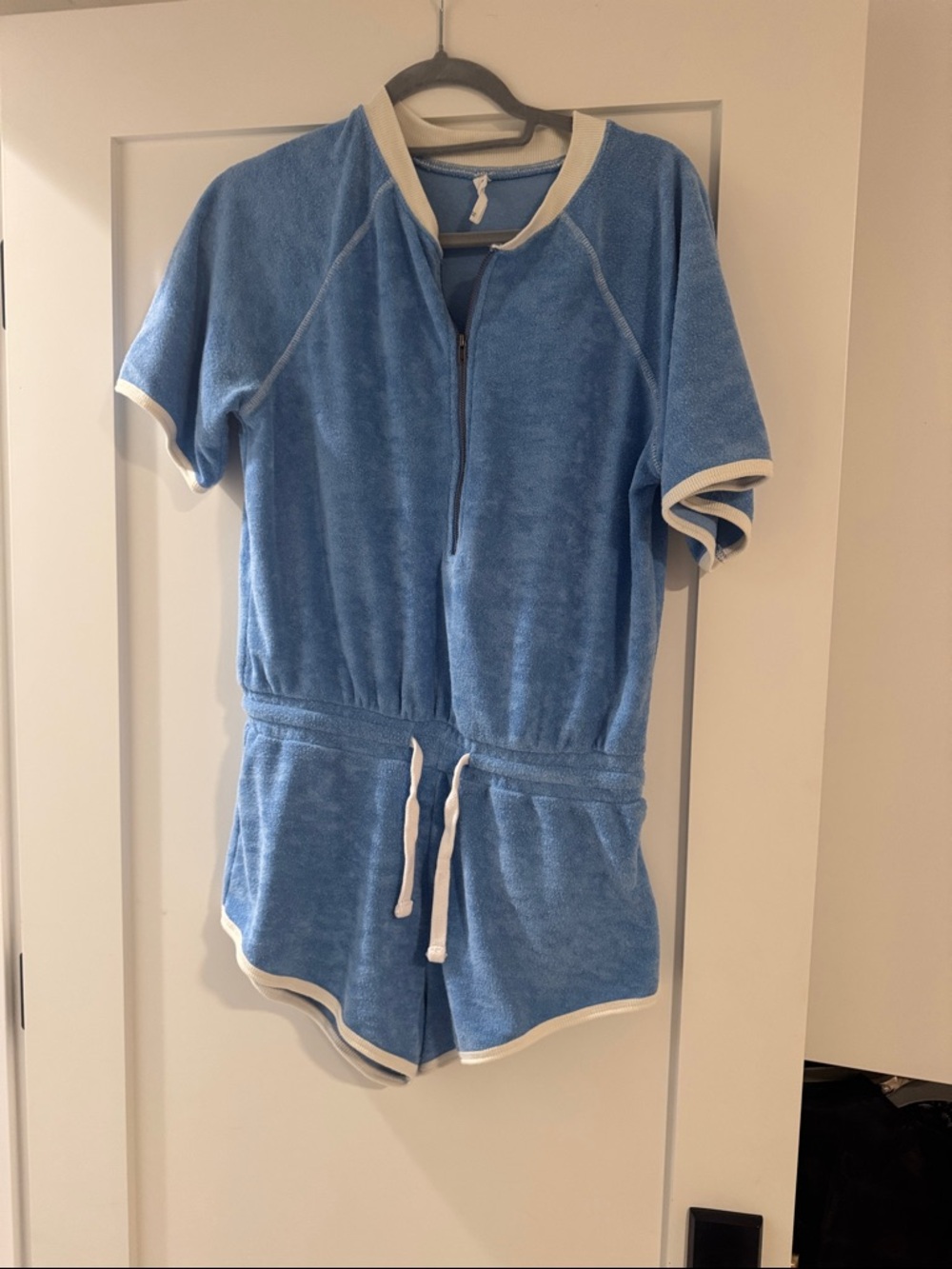 Women’s Blue Terry Short Sleeve Romper Bodysuit with Drawstring Waist